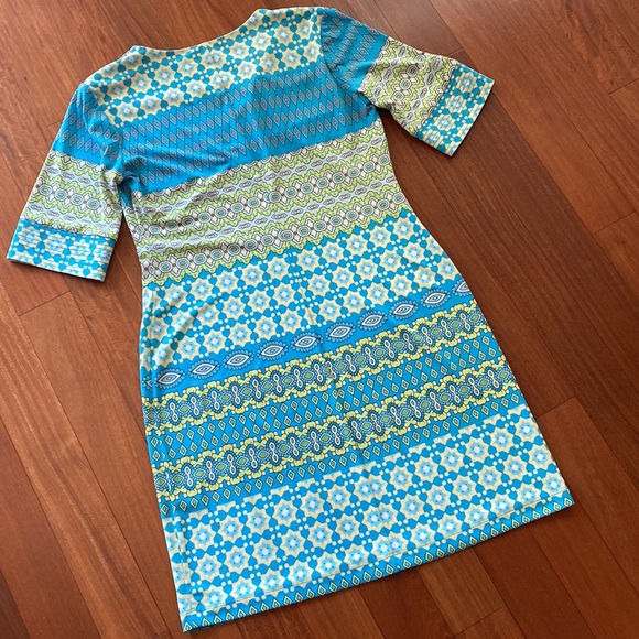 Donna Morgan Blue Green Yellow Retro Stretch Geometric Shift Dress - Sz 4 - Picture 13 of 14